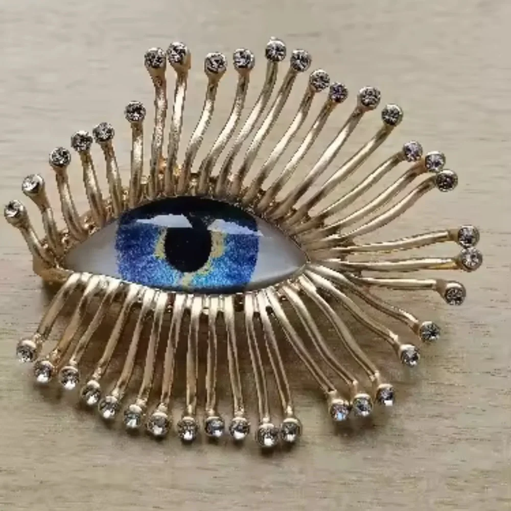 Mystic Gaze Gold Sunburst Crystal Blue Eye Motif Brooch - Picture 7 of 10